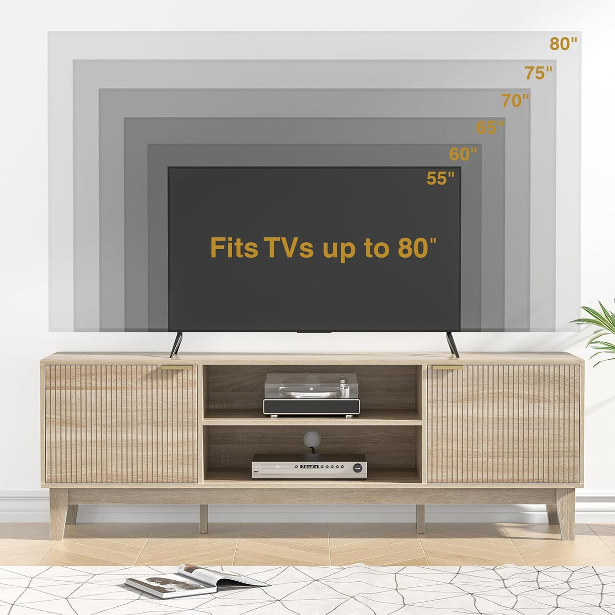 70" TV Stand Room, Fluted Mid-Century Modern TV Console for TVs up to 80 inch, Farmhouse Entertainment Center with 2 Storage, Media Console Table Room, Oak