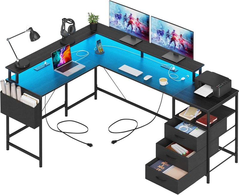 3 Drawers L Shaped Desk 63 Inch, 2 Power Strips (6 AC) and LED, Large Gaming Desk & 2 Monitor Stands, L Shape Computer Desk, Stable and Sturdy Home Office Desk, Fabric Drawers, Black S4318