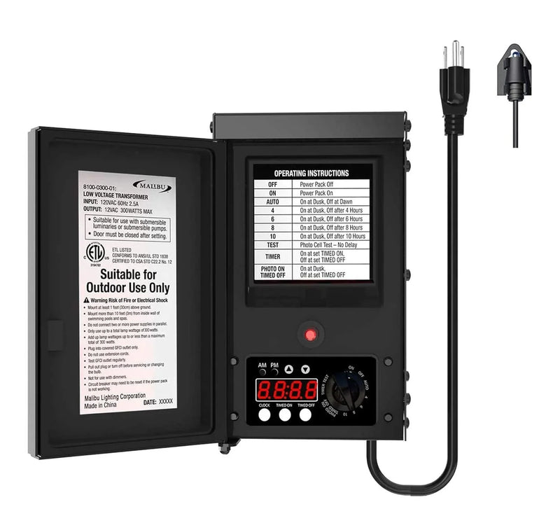 600W low-voltage transformer, outdoor landscape lighting transformer, 120V AC to 12V AC conversion, equipped with sensor and rain cover, suitable for garden LED lighting, spotlights, sidewalk lights G4672