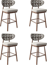 Outdoor Bar Stools Set of 2,Rattan Barstools Woven,29'' Bar Height Stools with Backrest and Teak Leg,Aluminum Bar Chairs Boho Bar Stool with Cushions,Tall Barstool for Patio,Teak
