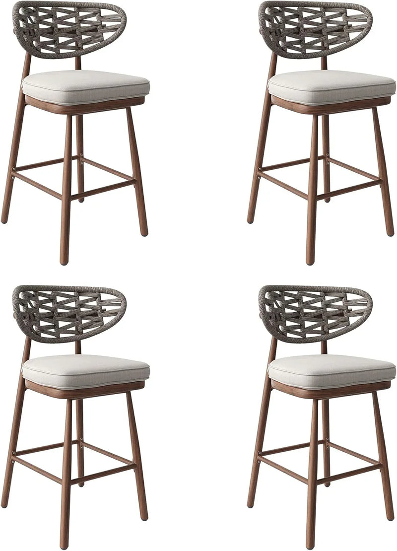 Outdoor Bar Stools Set of 2,Rattan Barstools Woven,29'' Bar Height Stools with Backrest and Teak Leg,Aluminum Bar Chairs Boho Bar Stool with Cushions,Tall Barstool for Patio,Teak D6614