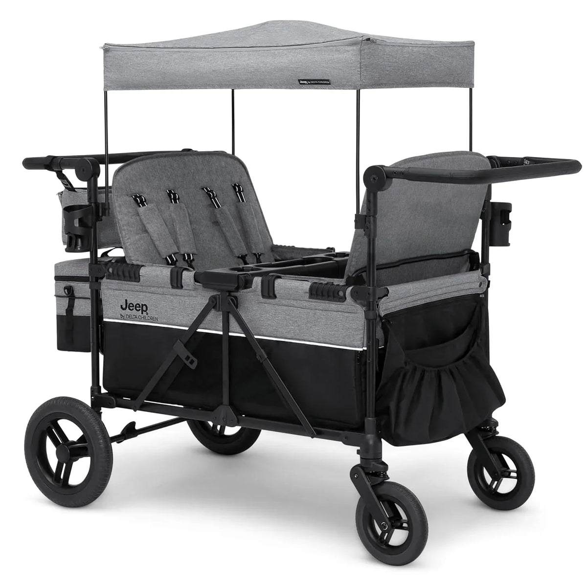 Luxurious 4-seater children's stroller - A high-end 4-seater children's stroller specially designed for 4 children, equipped with convertible seats, adjustable push-pull handles, detachable sunshade, and flat folding device. The color is grey.