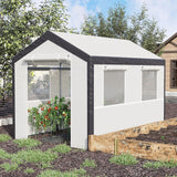 A 20-foot x 10-foot x 9-foot walk-in green house with an outdoor garden greenhouse, equipped with 6 roll-up windows, 2 zipper doors and a rain cover, in white color.