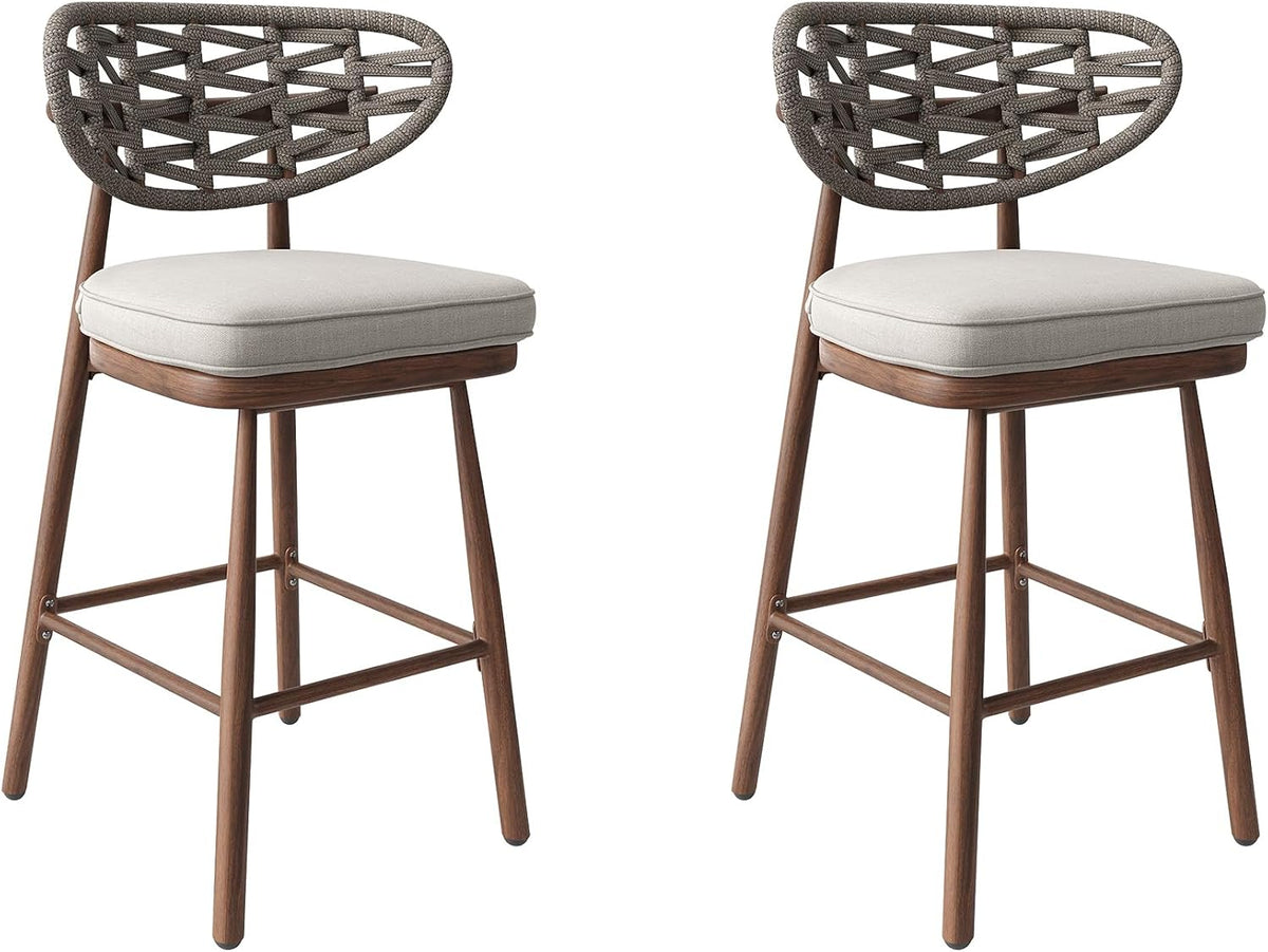 Outdoor Bar Stools Set of 2,Rattan Barstools Woven,29'' Bar Height Stools with Backrest and Teak Leg,Aluminum Bar Chairs Boho Bar Stool with Cushions,Tall Barstool for Patio,Teak