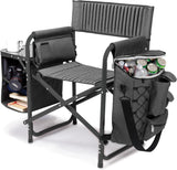 The "Picnic Time" brand's outdoor folding chairs with a unique design feature a grey base and a black frame. The dimensions are 33 x 7 x 21.