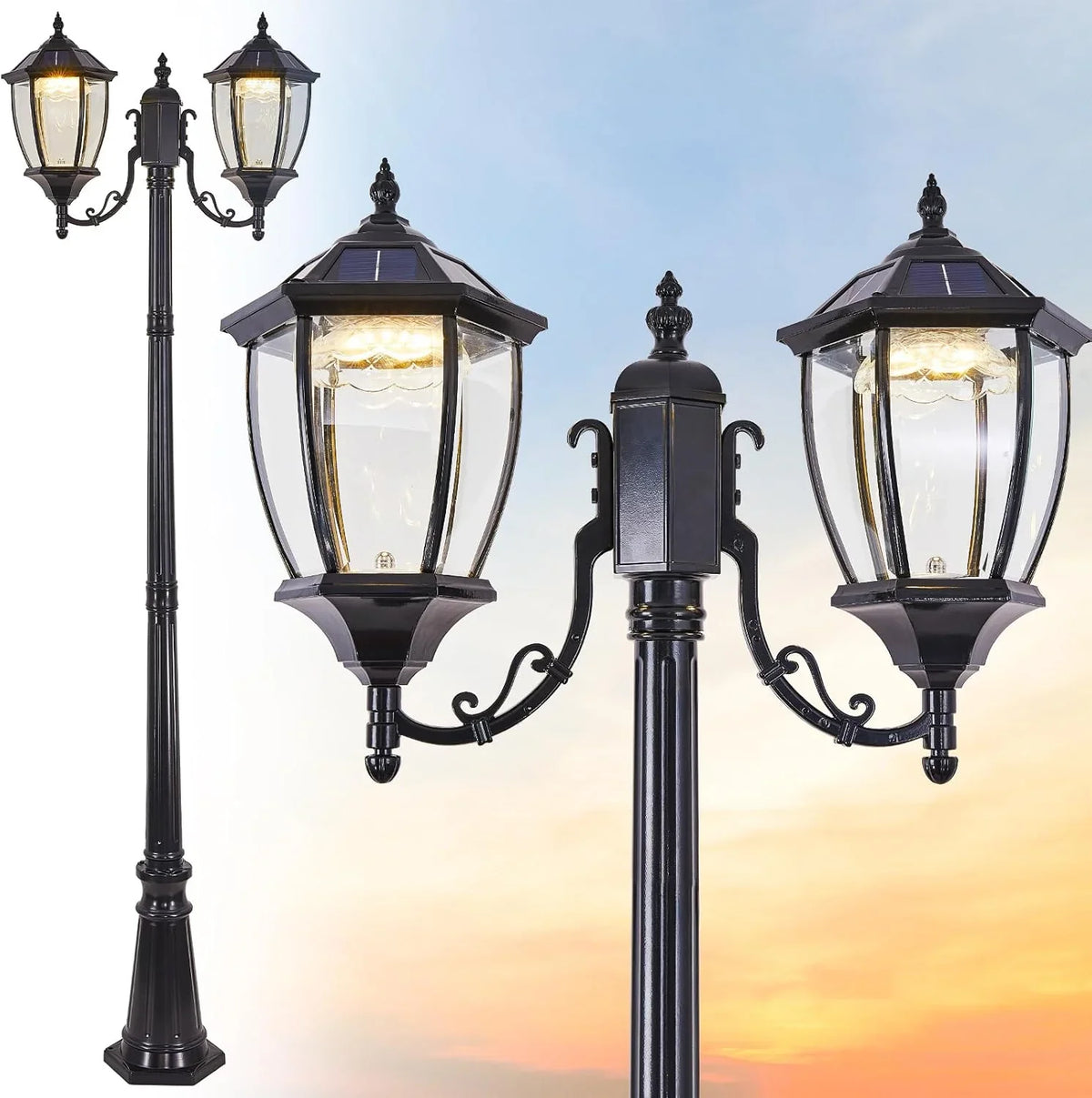 2-Heads Outdoor Solar Lamp Post Lights with Dusk to Dawn Sensor, Classic Exterior Solar Pole Lights with Waterproof, Black Street Lights with Clear Glass for Garden, Patio, Pathway, Driveway