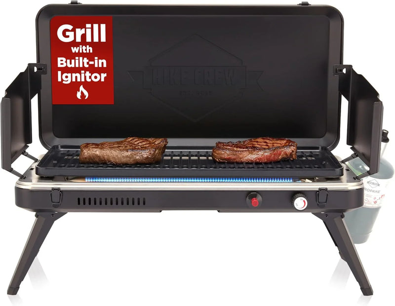 Gas camping barbecue grill | 13,000 watts | Portable liquefied gas burner | Foldable legs and feet | Integrated igniter and built-in regulator (with stainless steel drip tray) | Windproof panel and built-in handle Z8429