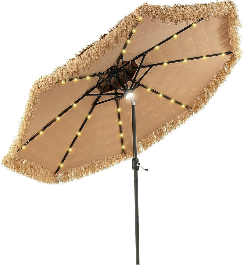 Mud-cloth style ti-ki courtyard shade umbrella - Two-layer Hawaiian lei-style inclined beach shade umbrella, equipped with 33 LED lights, 8 umbrella ribs and a rotatable lifting device, solar-powered lawn-type courtyard shade umbrella, tropical palm W1131