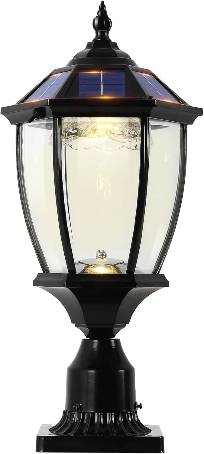 2-Heads Outdoor Solar Lamp Post Lights with Dusk to Dawn Sensor, Classic Exterior Solar Pole Lights with Waterproof, Black Street Lights with Clear Glass for Garden, Patio, Pathway, Driveway M9717