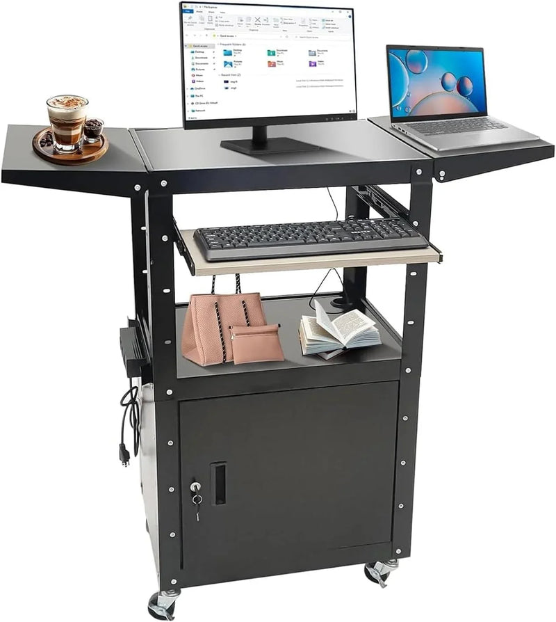 Upgraded AV Cart, Adjustable-Height Steel AV Cart with Locking Cabinet and Pullout Keyboard Tray, Rolling Media Cart with Wheels & Power for Computer Laptop Projector Printer (Black/43"x18"x43") Y7402
