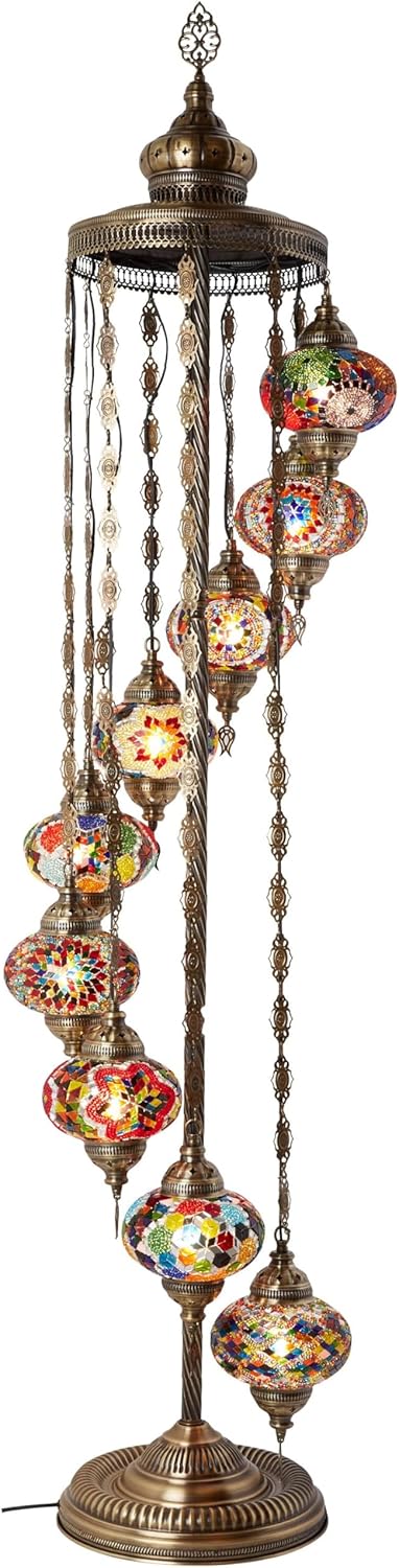 Turkish Moroccan mosaic floor lamp, with 9 lampshades and 6 feet in height - a Tafini-style standing decorative Bohemian-style lamp, equipped with colored lampshades, suitable for bedrooms, living rooms, and entrances - handmade in Turkey, available D2313