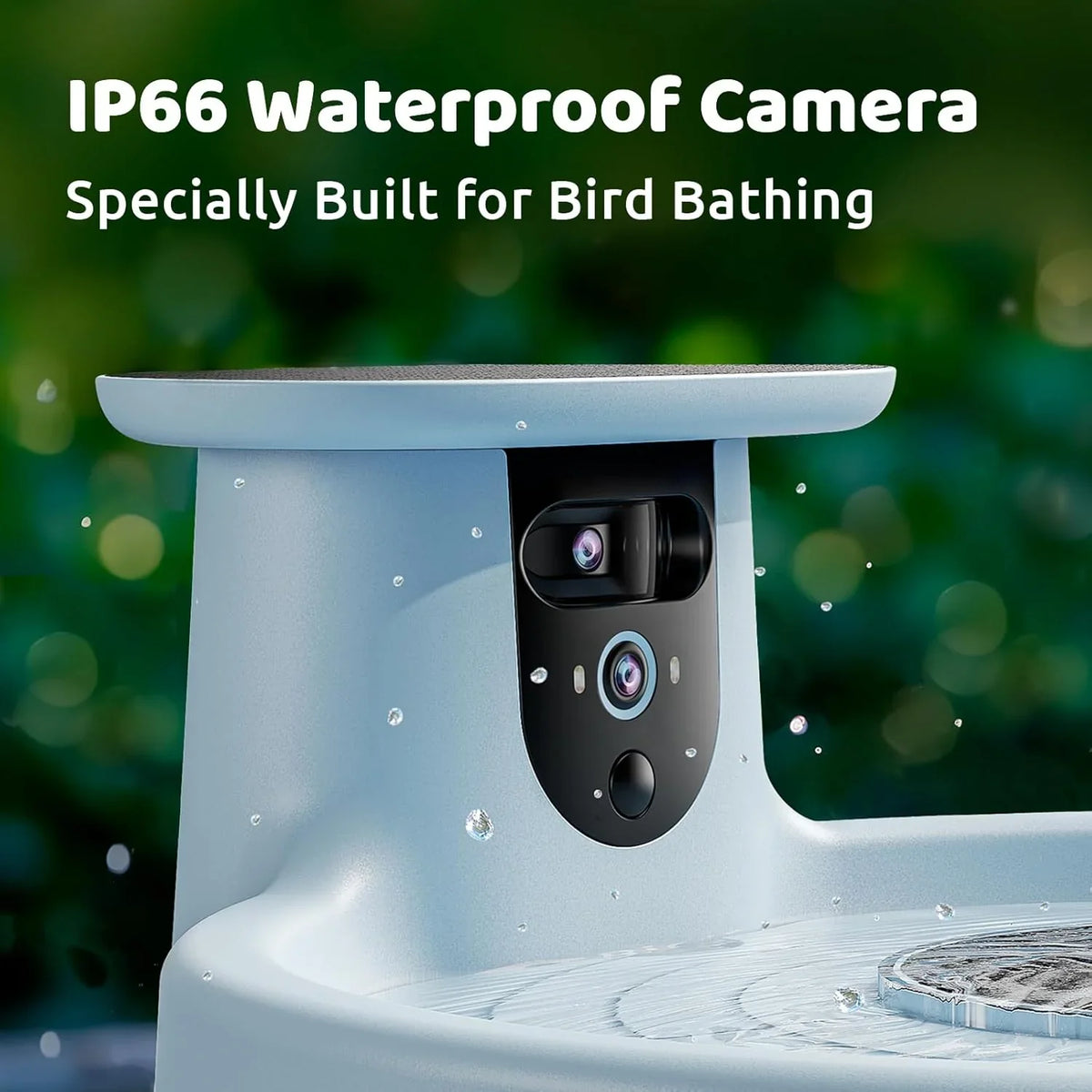 Smart Bird Bath, equipped with a camera, solar power supply, fountain and stand. It features a dual-lens camera for bird observation, automatically captures bird videos and has motion detection functionality.