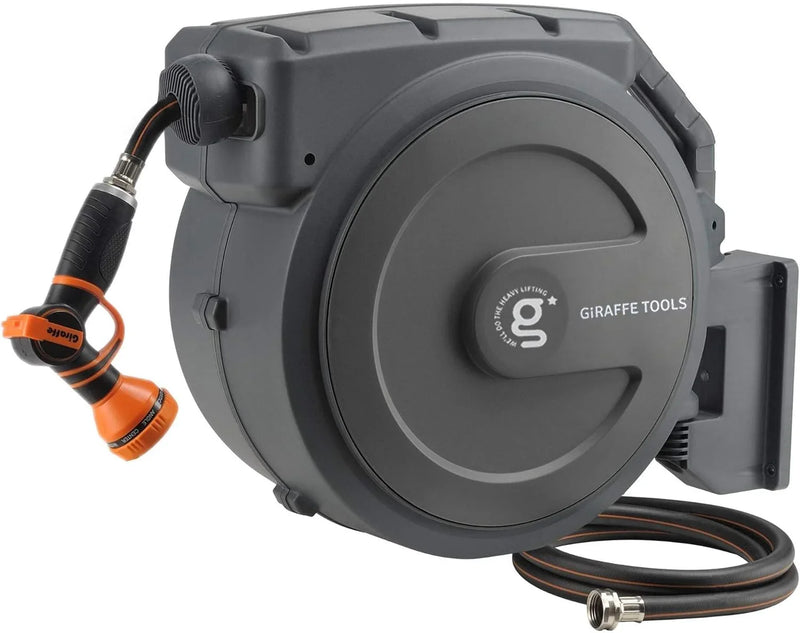 Tool-extendable garden hose reel, inner diameter 1/2 inch, length 155 inches, equipped with 5-foot extension hose, sturdy and durable, lockable at any length, slow retraction system, wall-mounted design, 180-degree rotating bracket J9876