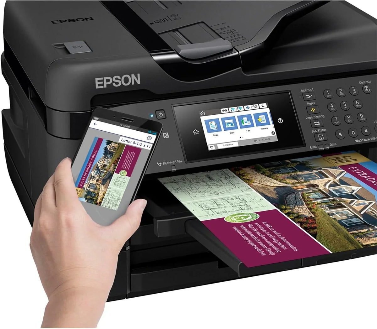 Wireless wide-format color inkjet printer, featuring functions of copying, scanning, faxing, wireless connection and Ethernet.