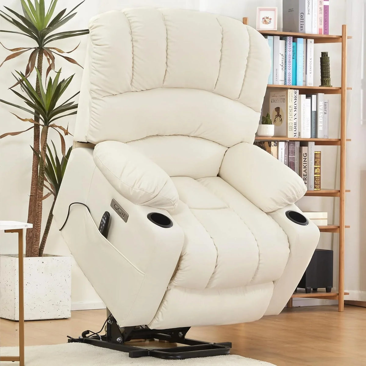 Electrically adjustable reclining chair - Electrically massaging adjustable reclining chair. The chair seat has a heating function. Large shell with velvet backrest. Suitable for the elderly and the elderly. Electrically adjustable reclining chair.