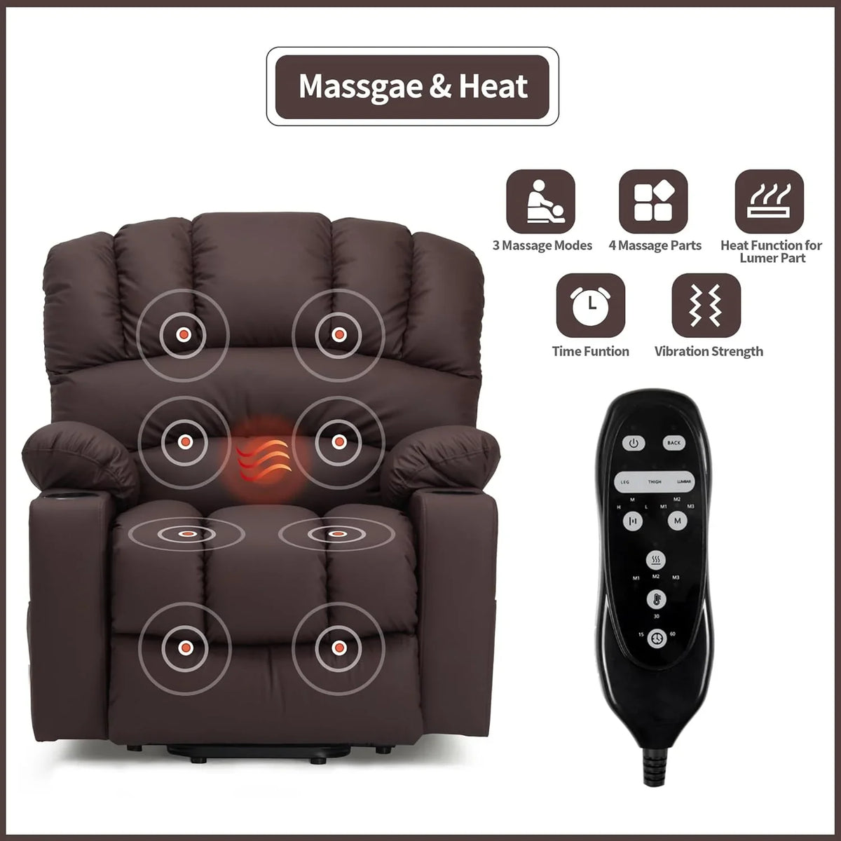 Electrically adjustable reclining chair - Electrically massaging adjustable reclining chair. The chair seat has a heating function. Large shell with velvet backrest. Suitable for the elderly and the elderly. Electrically adjustable reclining chair.