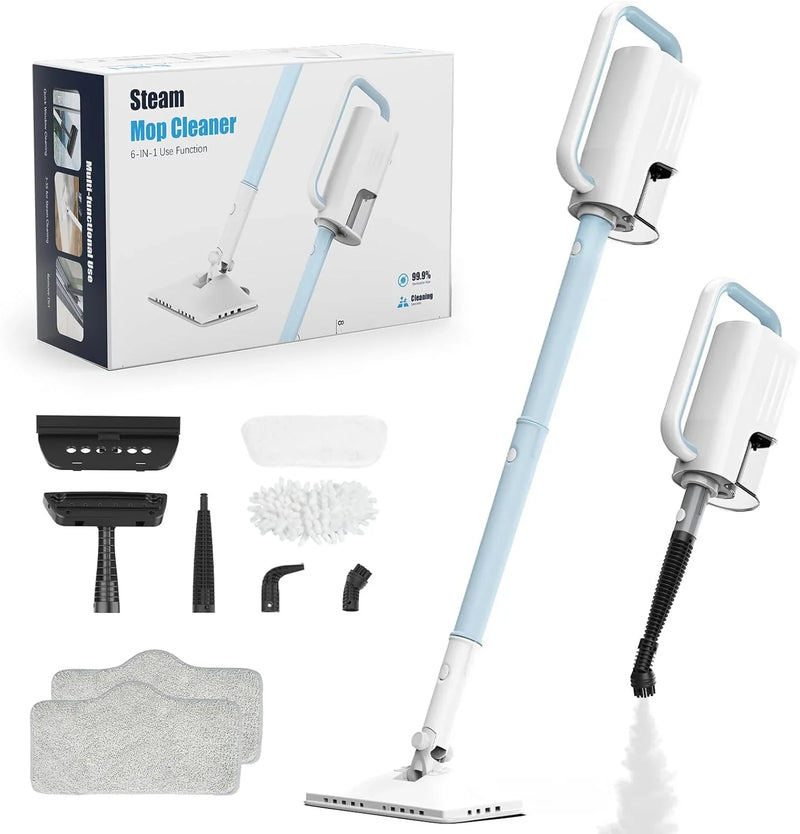 Steam Cleaner, 6 in1 Rotated Steam Mop Cleaner with 2 Modes, 2 Microfiber Pads, 400ML Removable Tank, 23FT Power Cable, Detachable Steam Mops for Floor, Laminate Floor, Tiles Cleaning (Light Blue) G7543