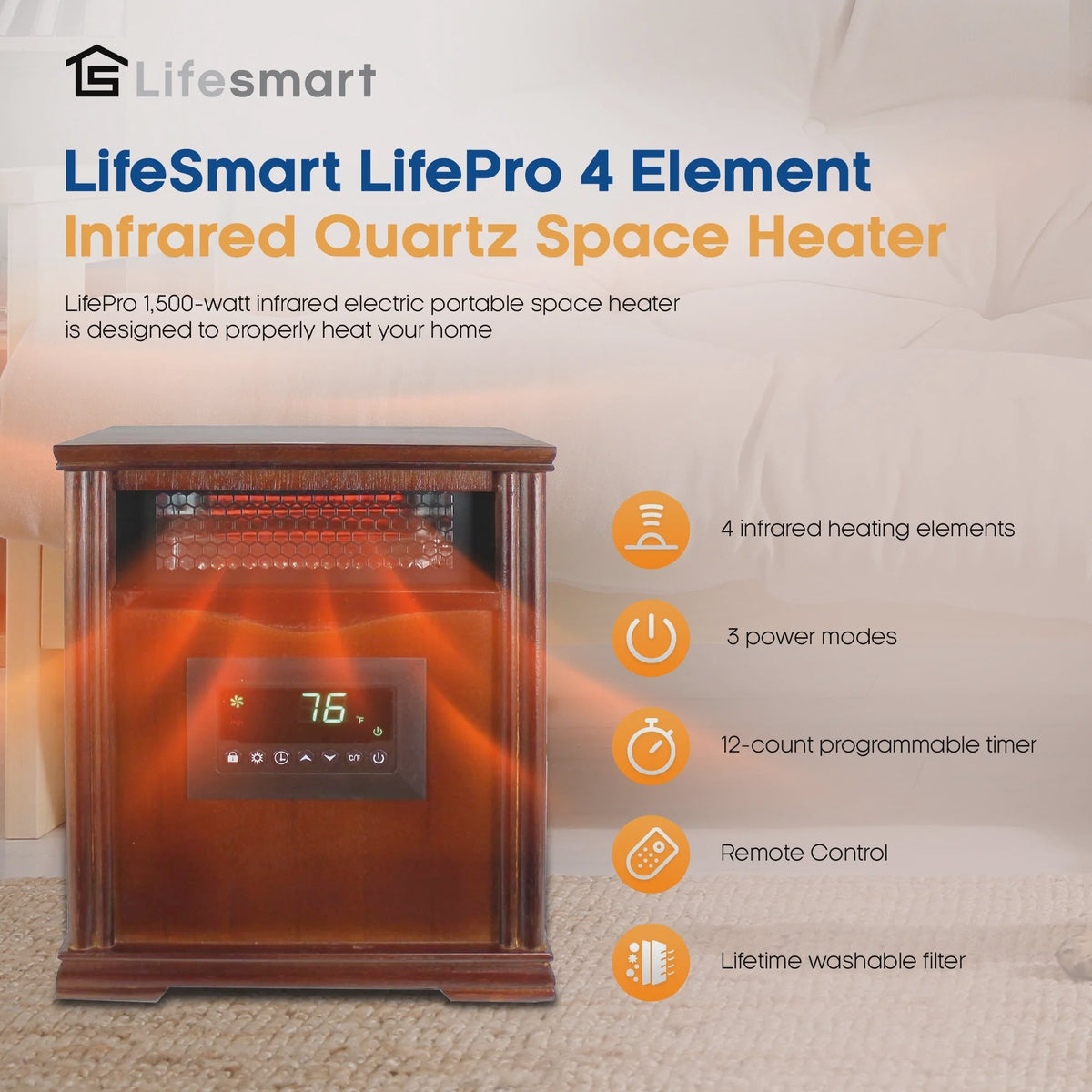 LifeSmart LifePro 4 Element 1500W Electric Infrared Quartz Space Heater