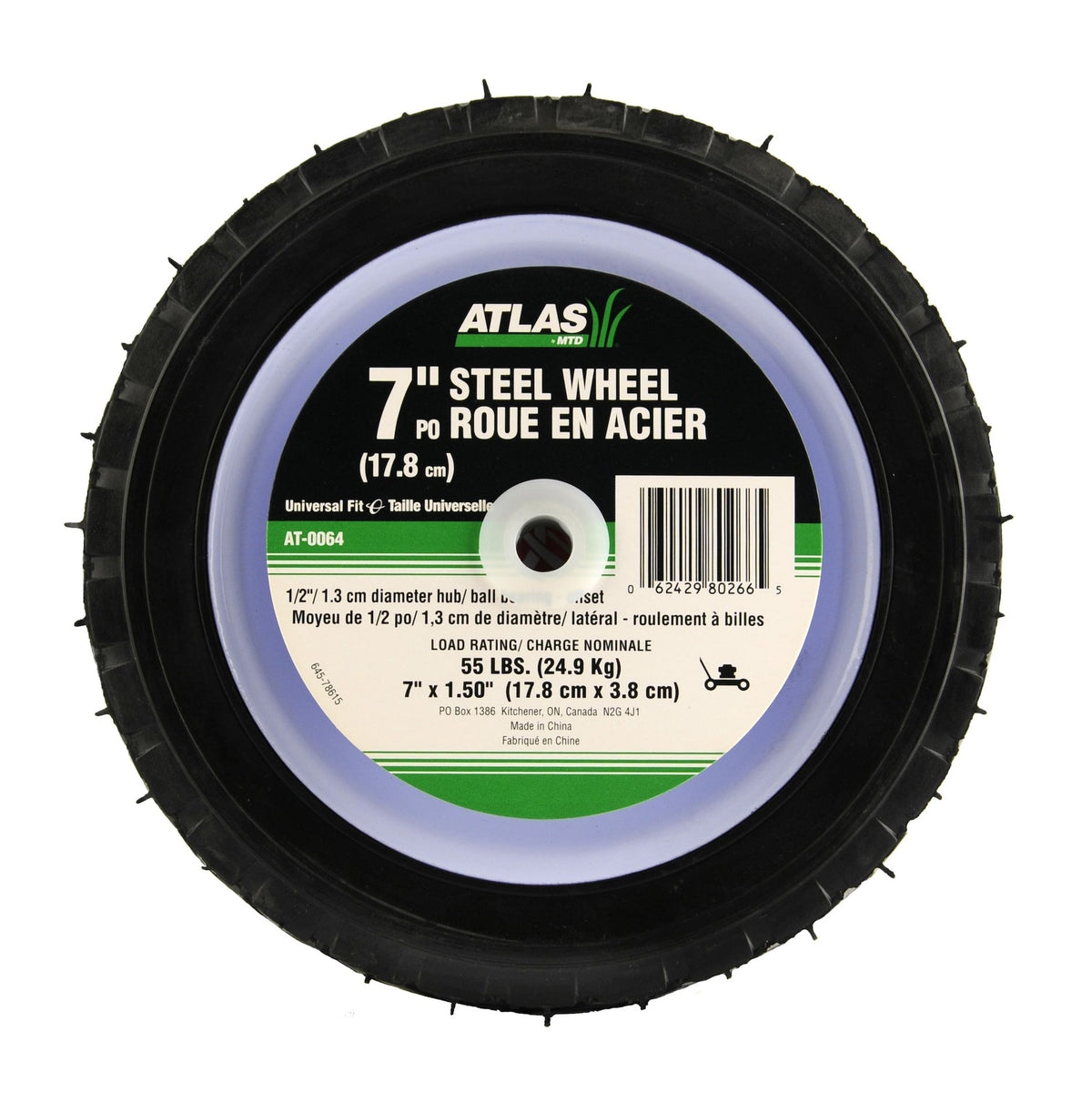Atlas Steel Mower Wheel with Ball Bearings, 7-in