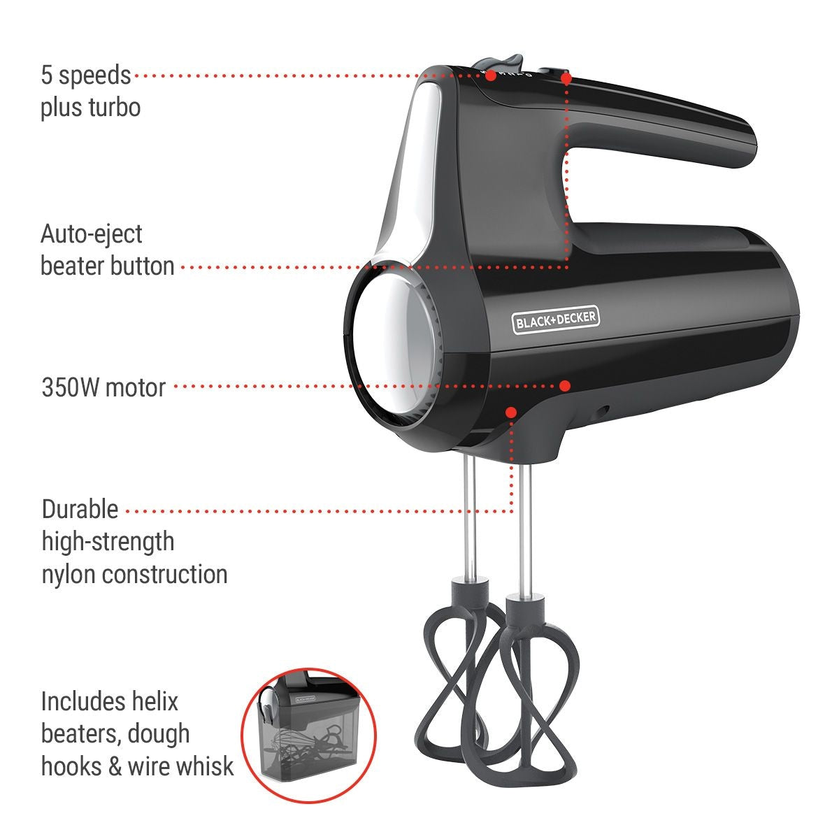 Helix Hand Mixer, Premium Performance 5 Speed Hand Mixer, Includes 5 Attachments and Case, Black