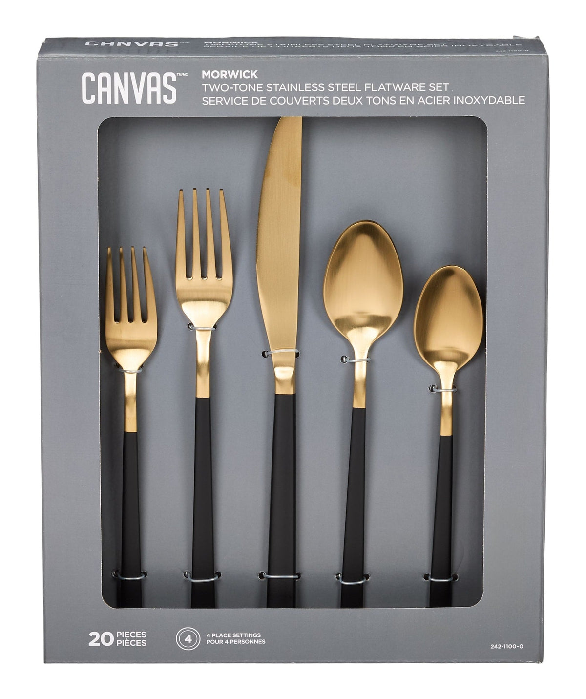 CANVAS Flatware Set, Serves 4, 20-pc, Black & Gold