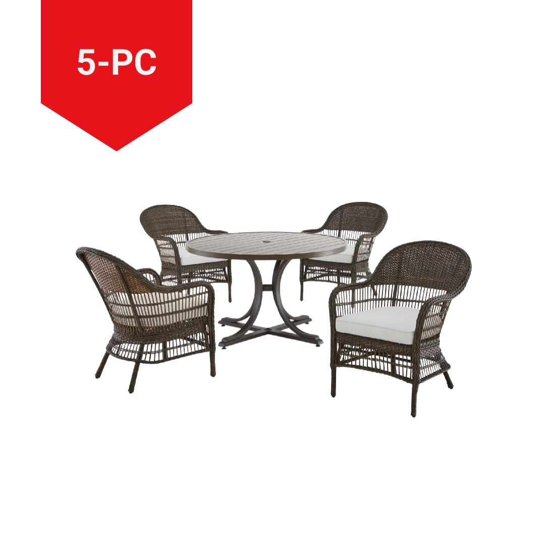 CANVAS Lorette Outdoor Patio Round Dining Set with Wicker Chairs and Built-in Umbrella Pedestal, Brown, 5-pc