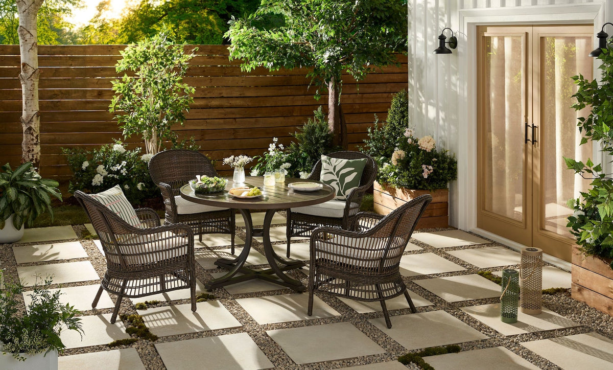 CANVAS Lorette Outdoor Patio Round Dining Set with Wicker Chairs and Built-in Umbrella Pedestal, Brown, 5-pc