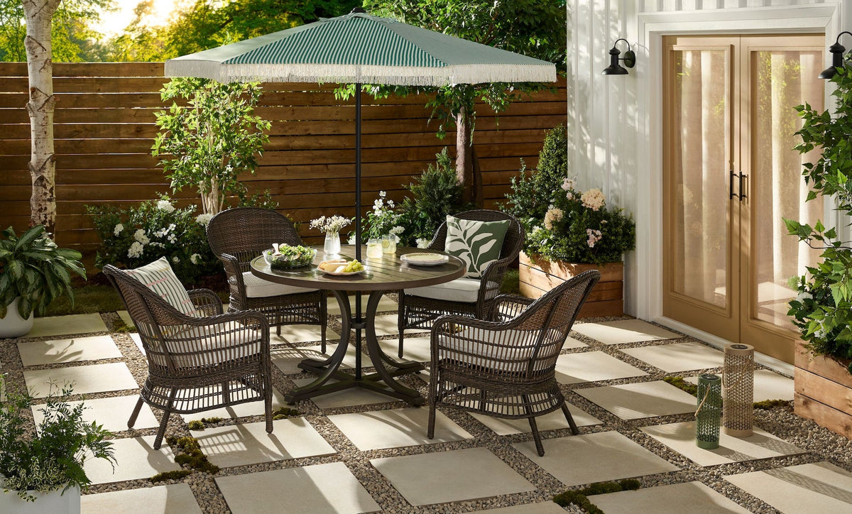 CANVAS Lorette Outdoor Patio Round Dining Set with Wicker Chairs and Built-in Umbrella Pedestal, Brown, 5-pc
