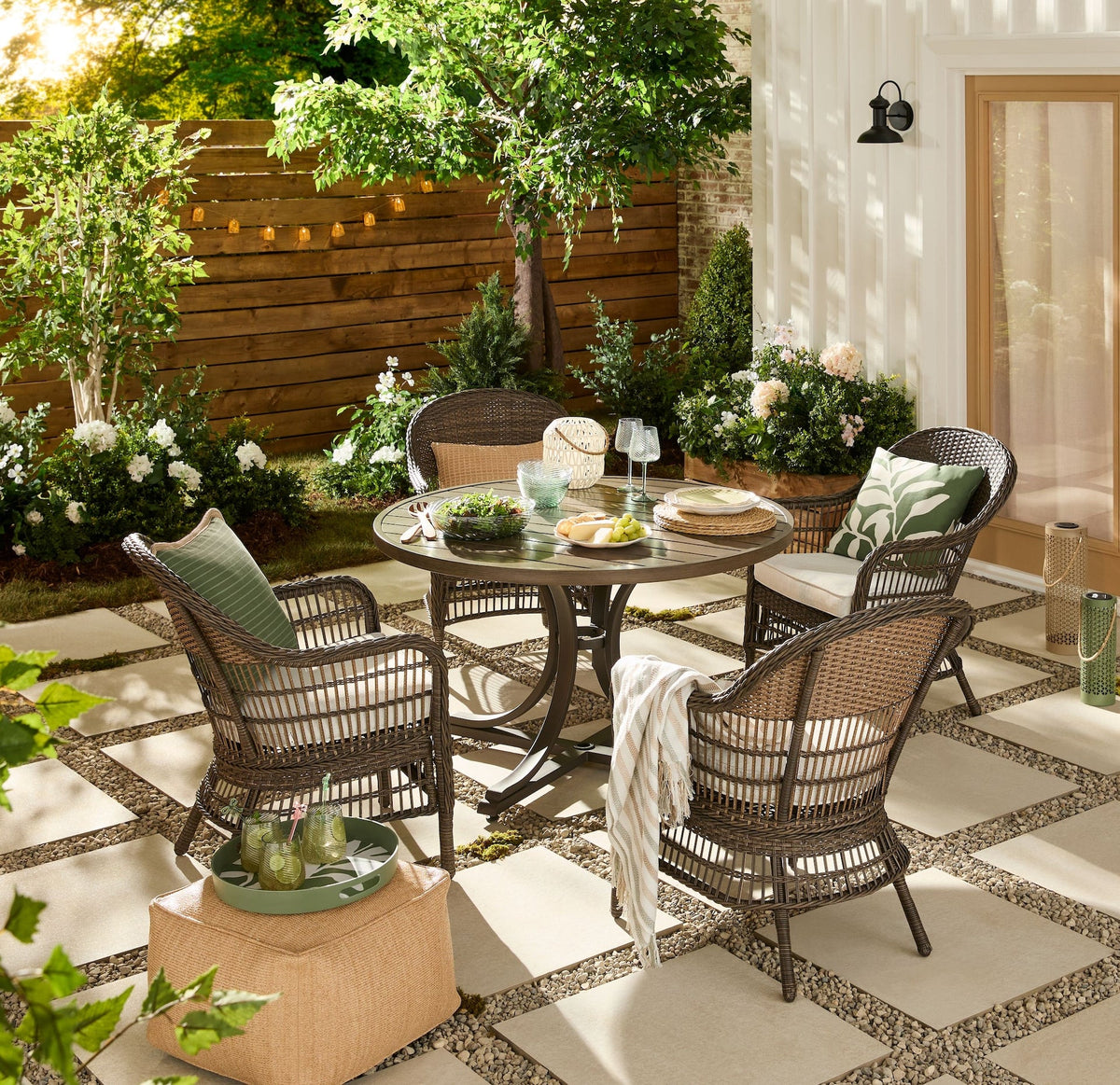 CANVAS Lorette Outdoor Patio Round Dining Set with Wicker Chairs and Built-in Umbrella Pedestal, Brown, 5-pc