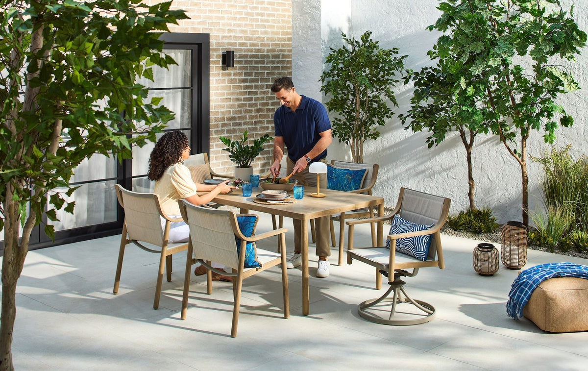 CANVAS Sauble Sling Outdoor Patio Dining Set with Swivel Chairs and Umbrella Hole, Tan, 7-pc