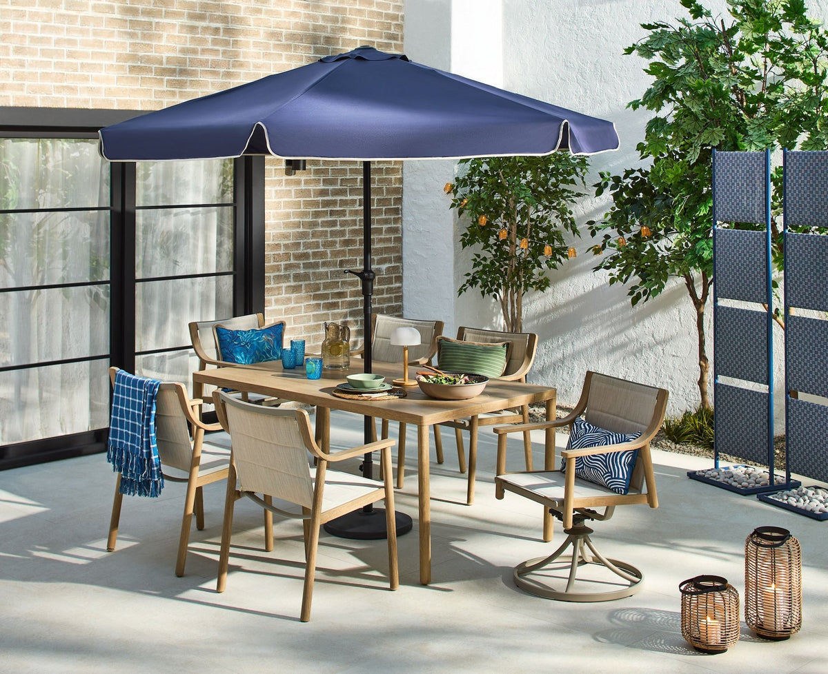CANVAS Sauble Sling Outdoor Patio Dining Set with Swivel Chairs and Umbrella Hole, Tan, 7-pc