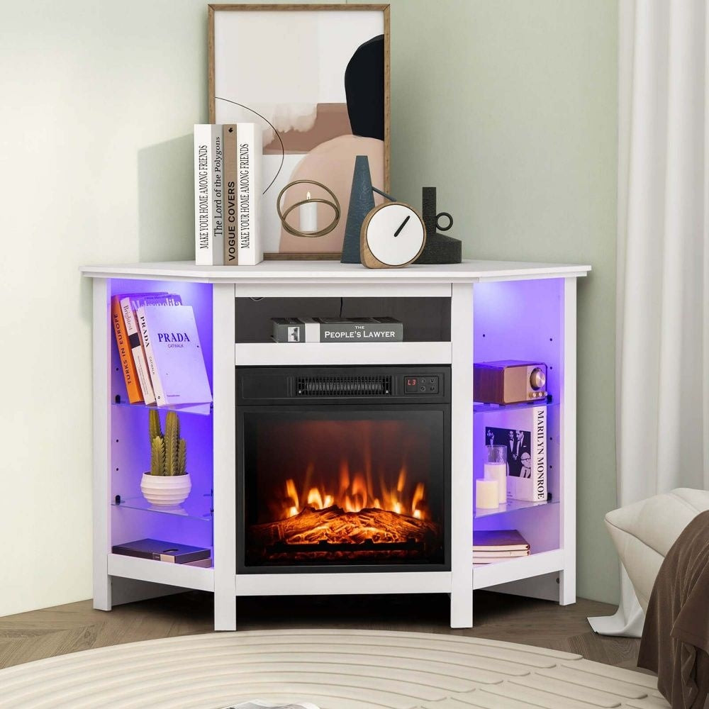 Fireplace TV Stand with LED Lights, White