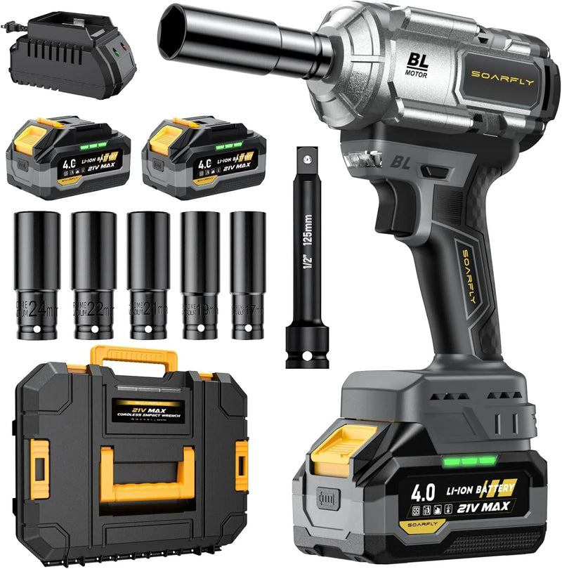 Cordless Impact Wrench, 1200Nm(900ft-lbs) High Torque 1/2'' Impact Wrench, 21V Brushless Electric Impact Gun with 2Pcs 4.0Ah Batteries, 1 Hour Fast Charger, 5 Sockets, Power Impact Driver for Car Home H6262
