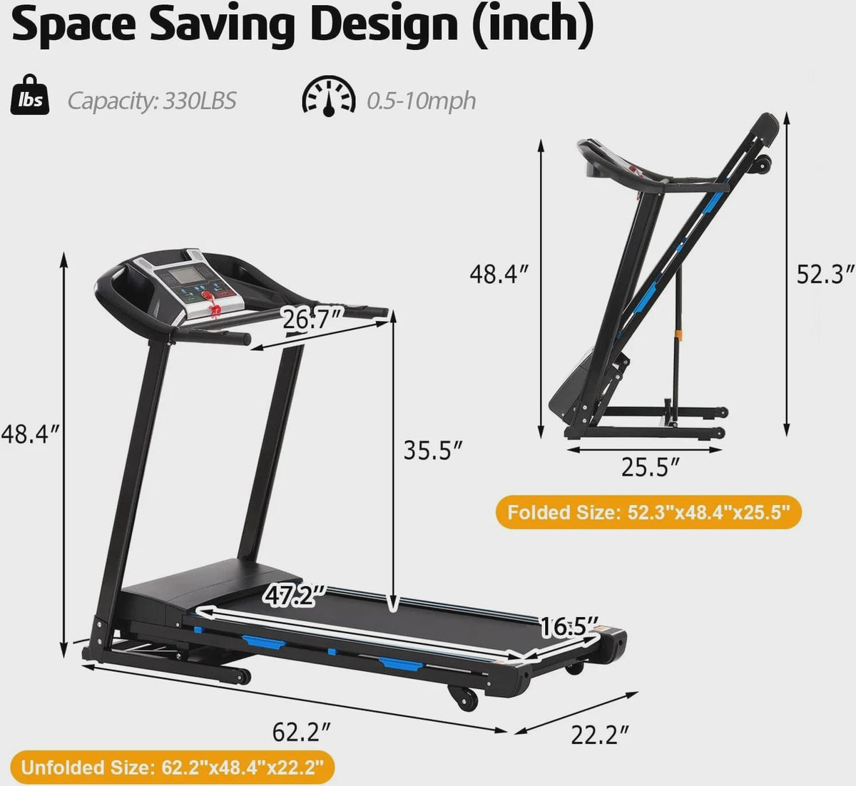3.5HP Folding Treadmill with 15% Auto Incline 12 Preset Programs for Running Walking Exercise, 330LB Capacity, Double Running Board Shock...