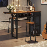 Bar Table and Chair Set, Industrial Expandable Dining Table with 2 Bar Stools, Kitchen Counter with Wine Rack & 3 Tier Adjustable Storage Shelves Rustic Brown
