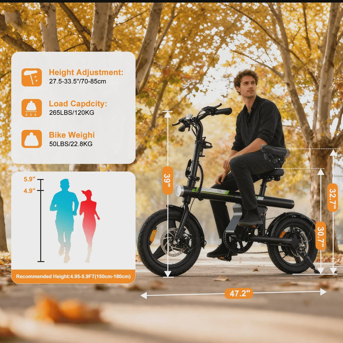 14 in Electric Bike for Adults,500W Folding E-Bike,Electric Commuter Mini Bikes,Electric Bicycles with 36V Removable Battery,Black
