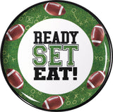 Football "Ready Set Eat" Round Plastic Melamine Reusable Serving Platter, Green, 13.5-in, for Sports Party