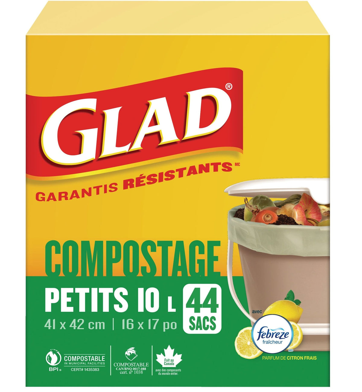 Glad Small 100% Compostable Lemon Scented Food Waste Bags, 44-pk, 10-L