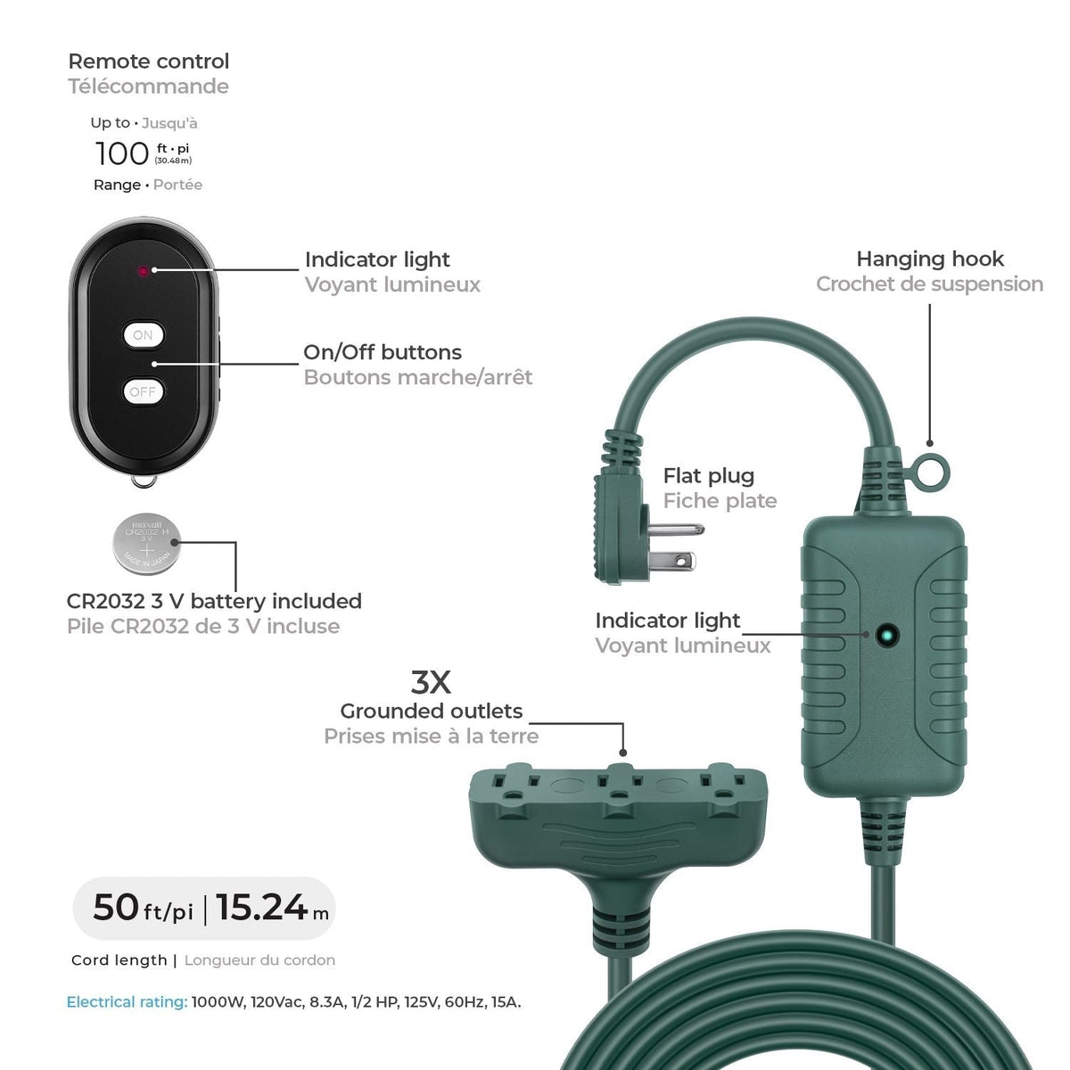 50-ft 14/3 Outdoor Power Cord with Wireless Remote & 3 Grounded Outlets, Green