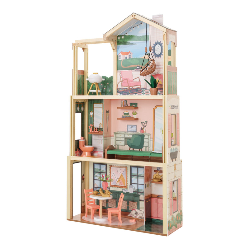 Three Story Collapsible Click N Play Wooden Dollhouse for Ages 4+ W8329