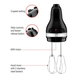 Compact 5-Speed Hand Mixer with Stainless Steel Accessories, Black