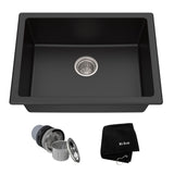 Quarza Top/Undermount Granite Single Bowl Kitchen Sink, Black Onyx, 24x18x9-in