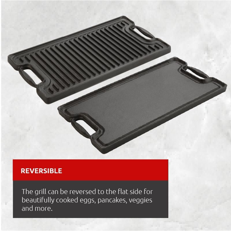 Pre-Seasoned Cast Iron Reversible Grill, Oven & BBQ Safe, Black, 20-in x 10-in