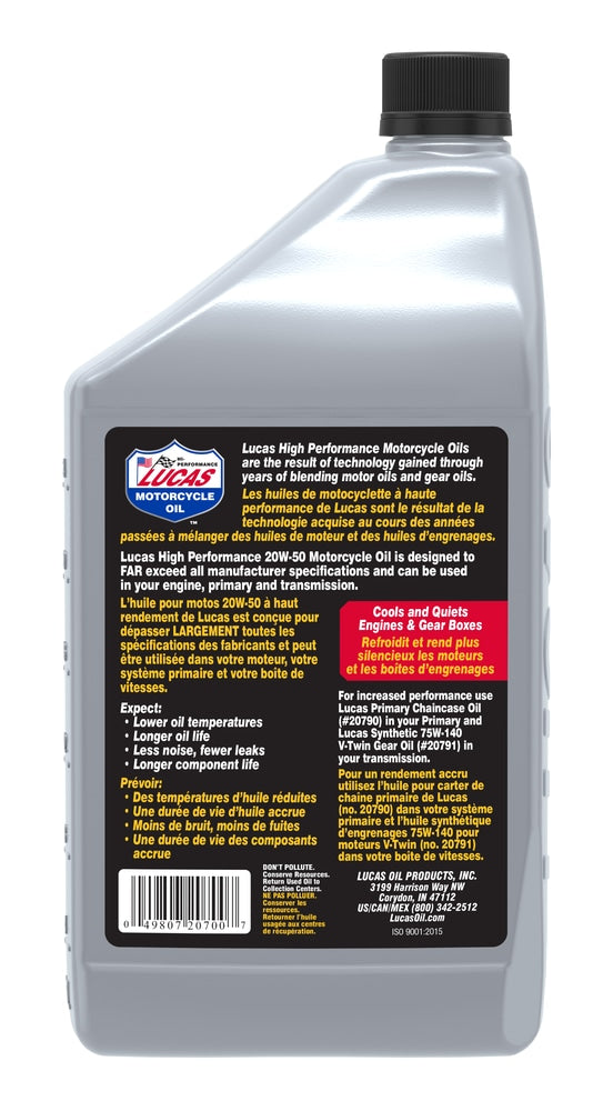 Lucas SAE 20W-50 High Performance Motorcycle Oil, 946-mL
