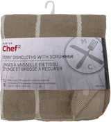Terry Cotton Checkered Dishcloths with Scrubber, 12-in x 12-in, 6-pk, Brown