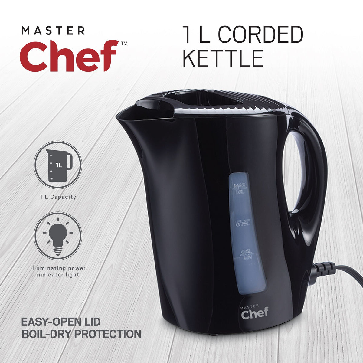 Corded Kettle with Water Gauge, Black, 1-L