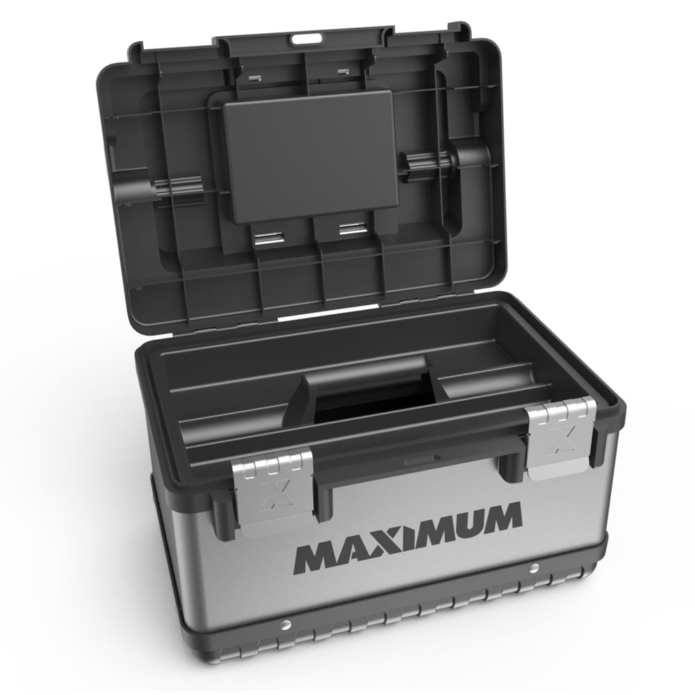 MAXIMUM Portable Plastic & Metal Tool Box with Removable Tray & Organizer, Black, 15-in
