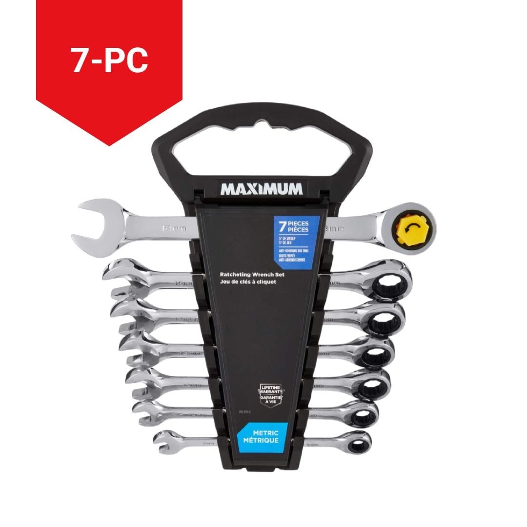 MAXIMUM Ratcheting Wrench Set, Metric, Nickel-Chrome Plating, 7-pc