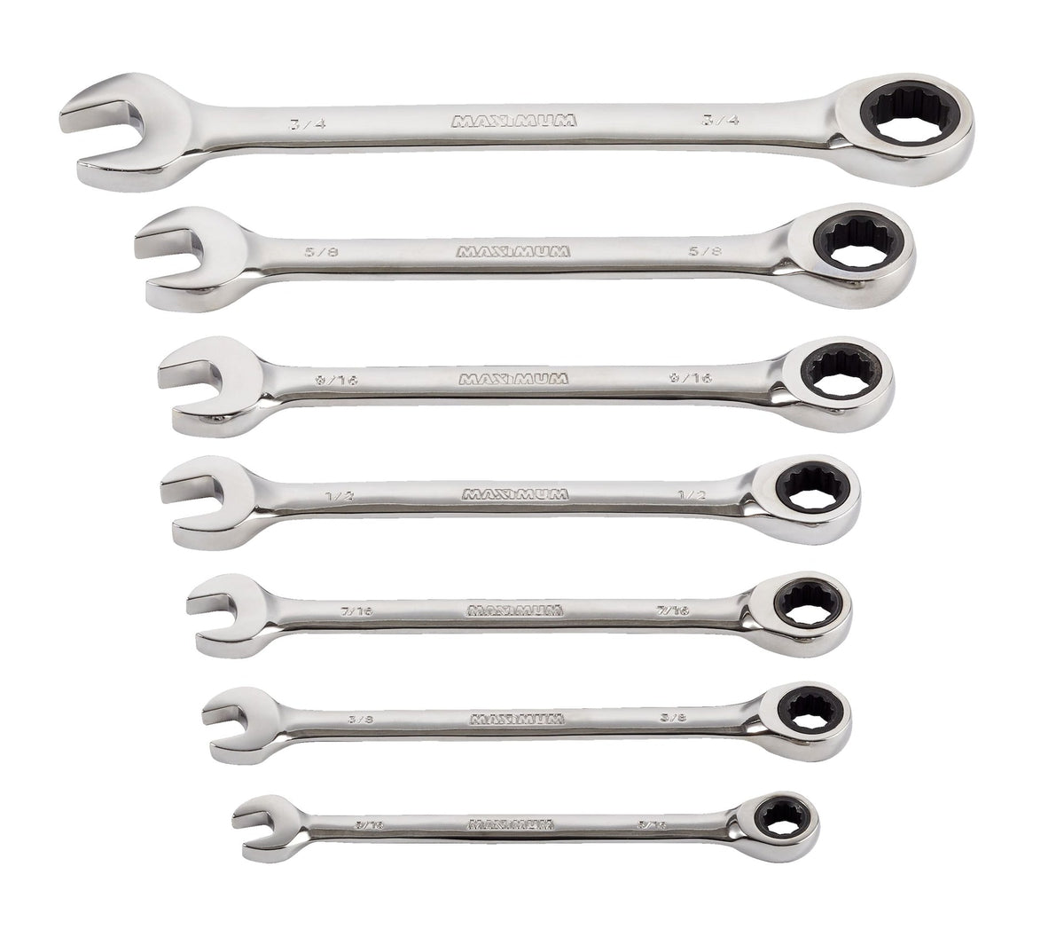 MAXIMUM Ratcheting Wrench Set, SAE, Nickel-Chrome Plating, 7-pc