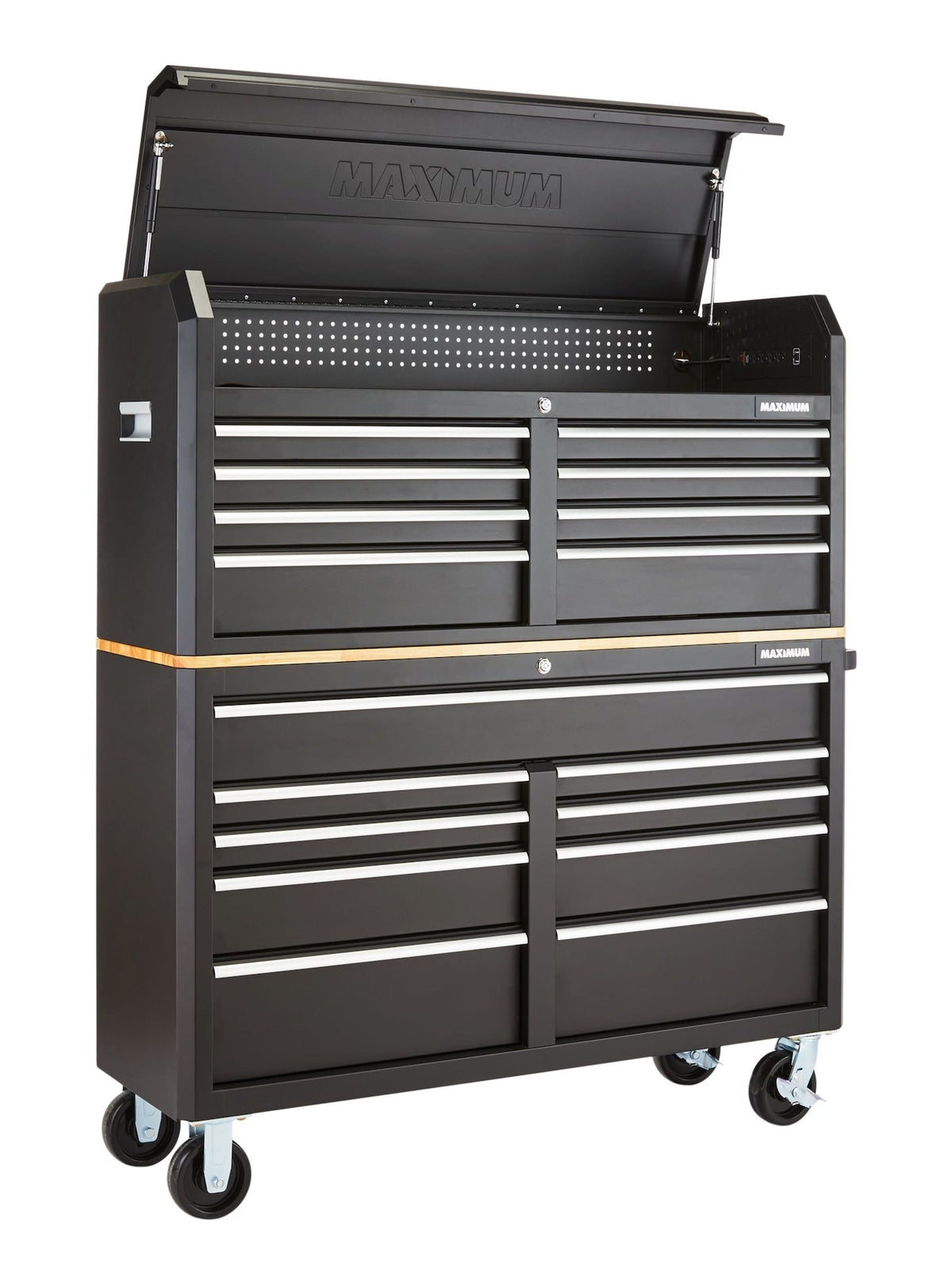 MAXIMUM Tool Storage Cabinet, Built-In Power Bar with USB, 9-Drawer, 56-in, Matte Black